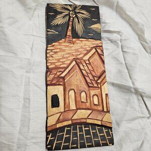 DUDA Signed Wood Carved Folk Art Landscape Wall Hanging
